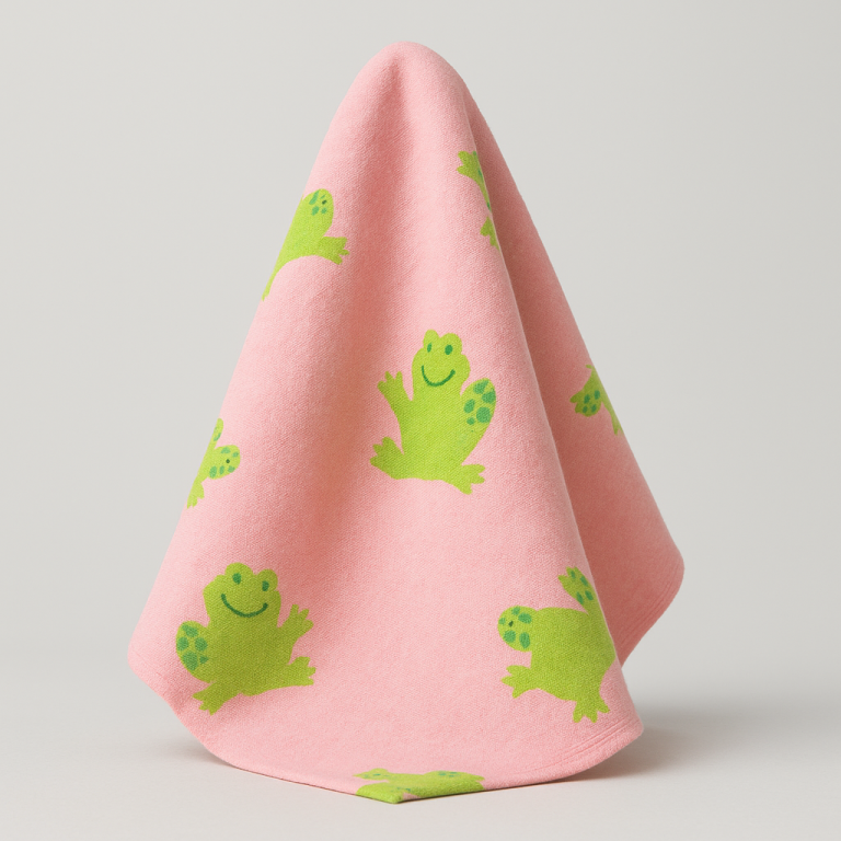 A pink baby blanket with little green frogs as a pattern.